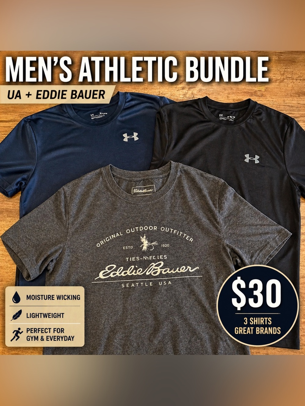 Under Armour + Eddie Bauer Men’s T-Shirt Bundle (3) Athletic Performance